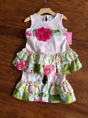 Girls Pink Floral Ruffle Matching Set - Tank Top & Pants